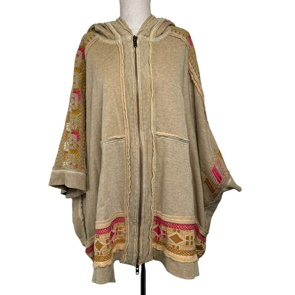 Free People Wildside Embroidered Hooded Poncho Dune Beige Boho Loungewear XS
